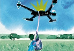 Image with hand painted strokes illustrating a floating drone irrigating a plantation
